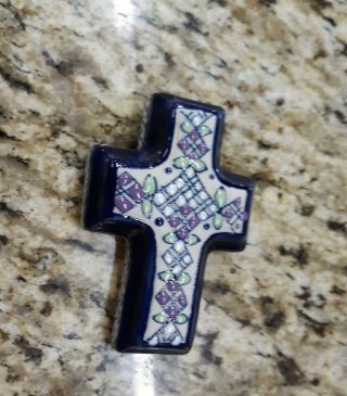 Servin Mexico Pottery Cross 3 " Navy Light Green Light Blue Purple And White