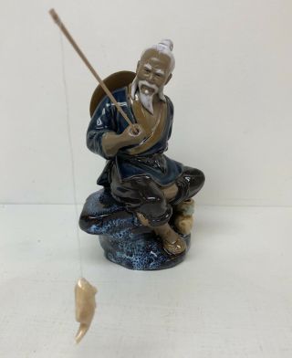 Vintage Shiwan Mudman Chinese Pottery Figurine Statue Seated Man Fishing.