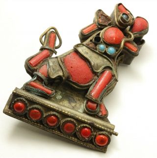 Vintage Art Deco Era Chinese Red Coral Turquoise Foo Dog Figural Brooch Pin