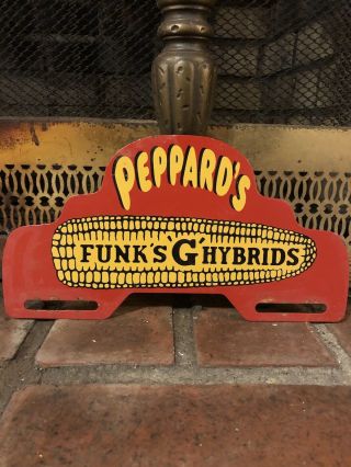 Vintage Peppards Funk’s G Hybrids Metal License Plate Topper Porcelain Gas Oil 2