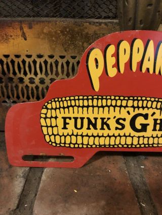 Vintage Peppards Funk’s G Hybrids Metal License Plate Topper Porcelain Gas Oil 3