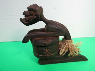 Vintage Old African Man Wooden Handcarved Statue Leaning Over Barrel That Opens