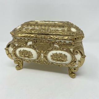 Vintage Jewelry Box Ornate Roses Gold White Enamel Lined Japan