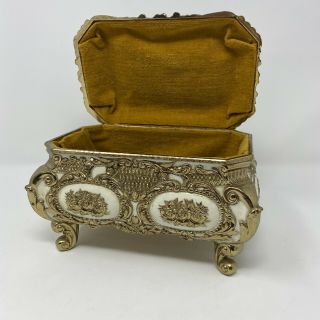 Vintage Jewelry Box Ornate Roses Gold White Enamel Lined Japan 2