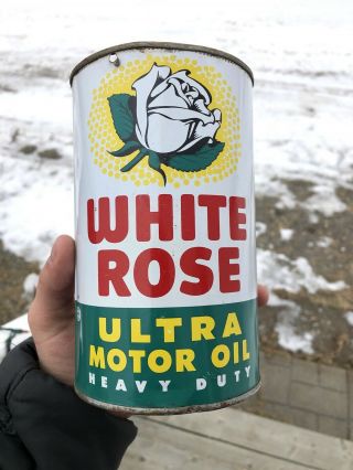 Rare White Rose Ultra Heavy Duty Motor Oil Tin Can 1 Imperial Quart Flower Logo