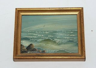 Vintage Miniature Oil Painting " Rocky Shore " And Wood Frame
