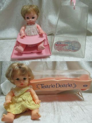 [2] Vintage 9 " 1964 Tearie Dearie Dolls By Ideal In Cradle,  High Chair