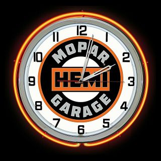 19 " Mopar Hemi Garage Sign Orange Double Neon Clock Dodge Plymouth Ram Chrysler