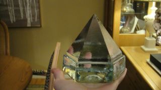 Vintage Large Deck Prism Pyramid 6 Sided Light Green Glass Paperweight 4.  5 