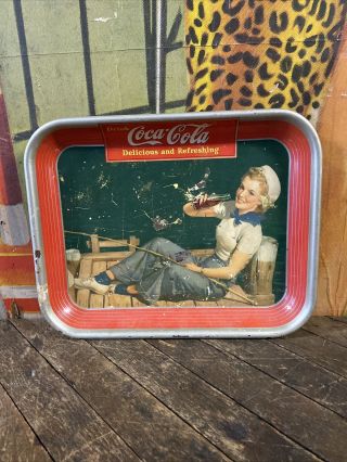 Vintage 1940 Coca Cola Tray Sign 7up Pepsi Orange Crush Dr Pepper Fishing Girl