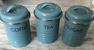 Dark Turquoise Blue Typhoon Vintage Kitchen Canisters Set Of 3 Coffee Tea Sugar