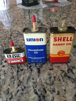 (3) Vintage Oil Can Tins Shell Handy Union  Household 3 - In - One