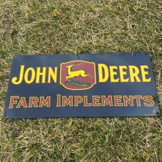Vintage “john Deere Farm Implements” Porcelain Metal Enamel Shop Farm Sign 18x8”
