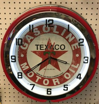 18 " Texaco Sign Gasoline Motor Oil Gas Station Double Neon Clock