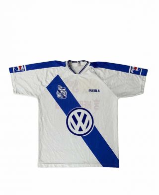 Vintage Puebla Fc White Blue Mexican League Soccer Jersey