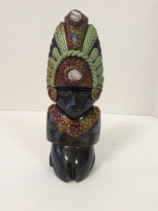 Vintage Onyx Stone Aztec Mayan Inca Warrior Figurine Mexico Colorful Clay