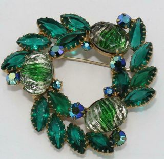 Spectacular 2.  5 " Vtg Juliana Carved Givre Emerald Ab Glass Rhinestone Brooch J6