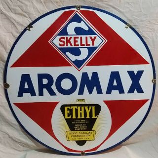 Skelly Aromax Ethyl Gasoline Porcelain Enamel Sign 30 Inches