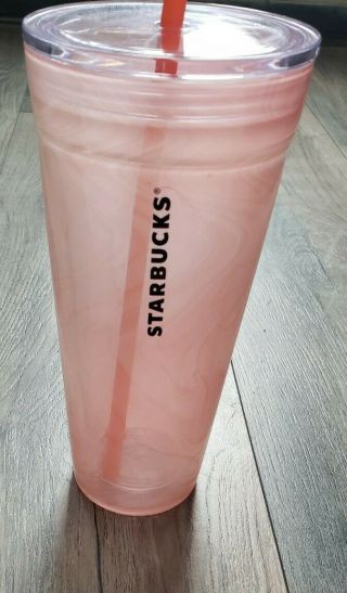 Starbucks Glass Coral Pink Marble Cup Swirl Venti 20oz Tumbler Rare 2017
