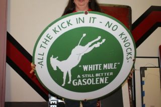 Large White Mule Gasoline Gas Station 30 " Porcelain Metal Sign