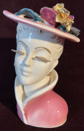 Vintage 5 1/2 " Lady Head Vase Pink Gold Elegant Japan