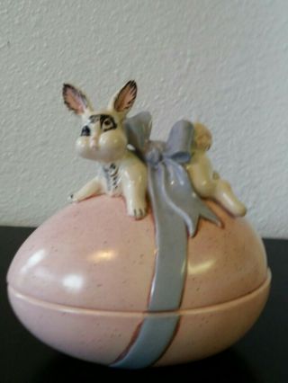Vtg 1963 Atlantic Mold Ceramic Easter Egg Covered Candy Dish Bunny Rabbit