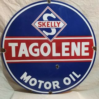 Skelly Tagolene Motor Oil Porcelain Enamel Sign 30 Inches
