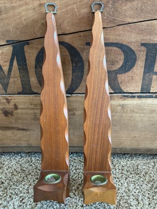 Pair Vintage Mid Century Modern Hand Crafted Black Walnut Candle Holder Sconce