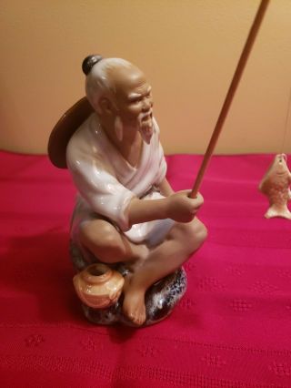 Vintage Mudman Chinese Figurine Man Fishing With Fish