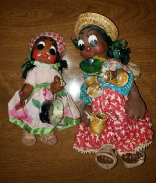 2 Vtg Mexican Handmade Painted Oil Cloth Dolls Folk Art Mother Daughter Pots Pan