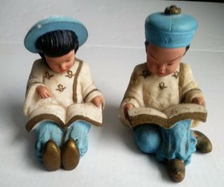 Vintage Asian Chinese Boy & Girl Reading Books Bookends Statuse Figures 6 " Tall