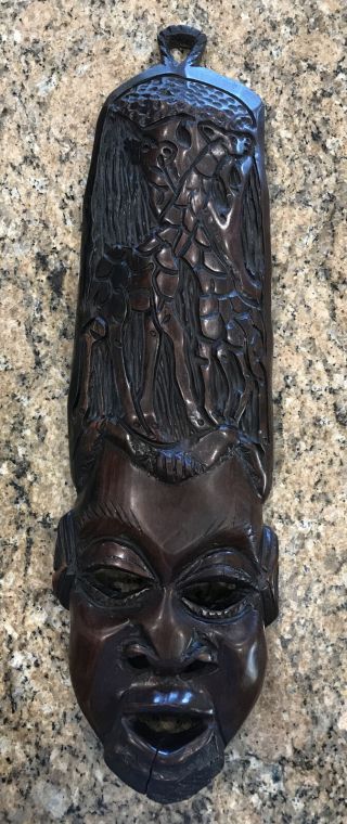Vintage Tiki God Mask 18” Hand Carved Wood Wooden With Giraffes