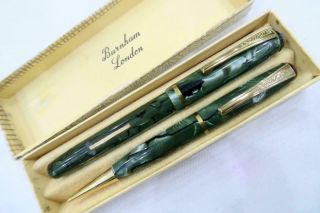 N/o/stock,  Burnham No.  49 Fountain Pen And Pencil Green Pearl Black Vein C1950 