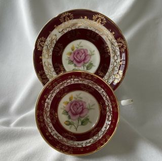 Vintage Royal Grafton Pink Rose Burgundy Gilt Lace Tea Cup & Saucer