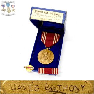 Named Wwii U.  S.  Army Good Conduct Medal James Anthony Ribbon Bar Lapel Pin Box