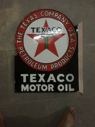 Porcelain Texaco Motor Oil Enamel Sign Size 21 " X 27 " Inches 2 Sided Flange