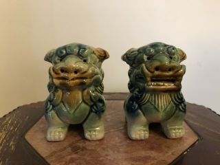 Vintage Ceramic Green Blue Brown Glazed Chinese Asian Foo Dogs 4”