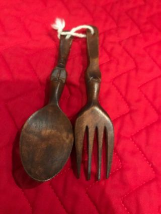Vintage Mid Century Modern Tiki Miniature Fork And Spoon Carved Wood Kitchen