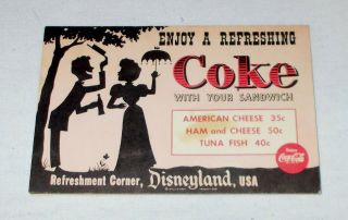 1959 Enjoy A Refreshing Coke With Your Sandwich Tabletop Menu Card Disneyland