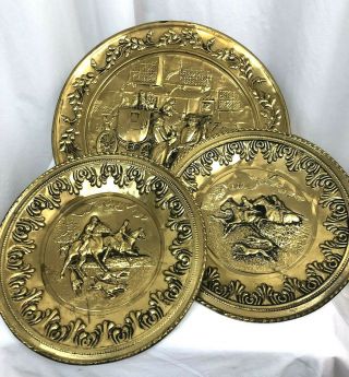 Set Of 3 Vintage Embossed Brass Wall Plates,  Horses,  Dogs England