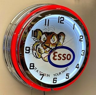 19 " Esso Tiger Gasoline Sign Double Red Neon Clock