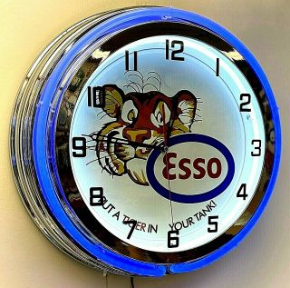19 " Esso Tiger Gasoline Sign Double Blue Neon Clock