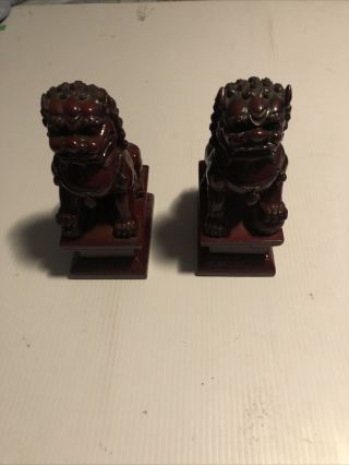 2 Chinese Red Resin Foo Dogs 7”