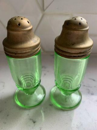 Vintage 1930s Hazel Atlas Green Vaseline Glass Glow Art Deco Salt Pepper Shakers