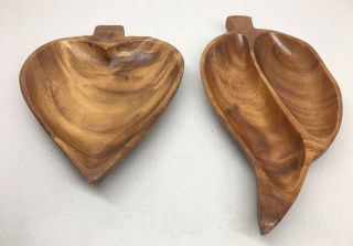 Vintage Monkey Pod Wood Hand Crafted Leaf Heart Divided Tray Dish Bowl