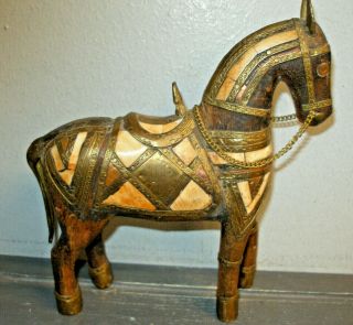 Vintage Carved Wooden Horse - Inlaid Brass Copper Colored Shell