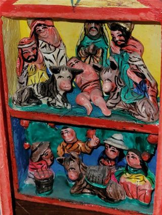 Vintage Mexico Folk Art Diorama Tiny Figures Inside Shadow Box Nativity Animals