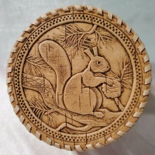 Handcrafted Russian Birch Bark Squirrel Forest Decorated Jewelry Trinket Box
