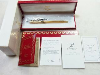 Cartier Must 2 Ii Gold Godron Ballpoint Pen W/box & Guarantee Booklet Etc