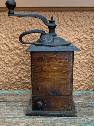 Vintage Wood Coffee Grinder W/cast Iron Top,  Hand Crank W/bottom Pull Out Drawer